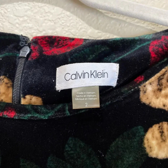CALVIN KLEIN Dark Floral Velvet Sheath Dress Flutter Sleeves Black Size 2 Office - Picture 4 of 8